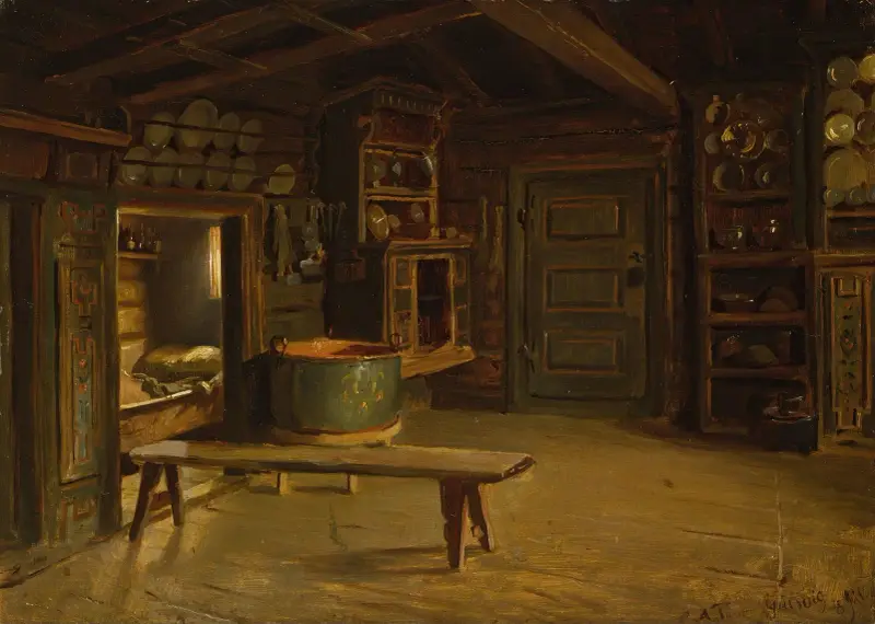 Farm Interior from Gulsvik in Hallingdal av Adolph Tidemand