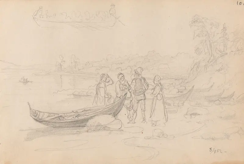 Figurer och båt på stranden, Leksand av Adolph Tidemand