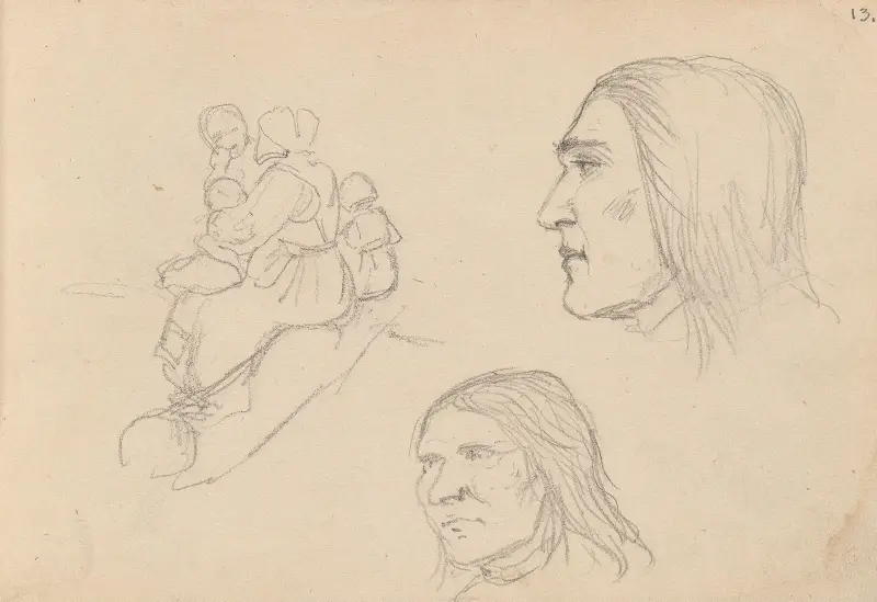 Figurgruppe; to studier av mannshode av Adolph Tidemand