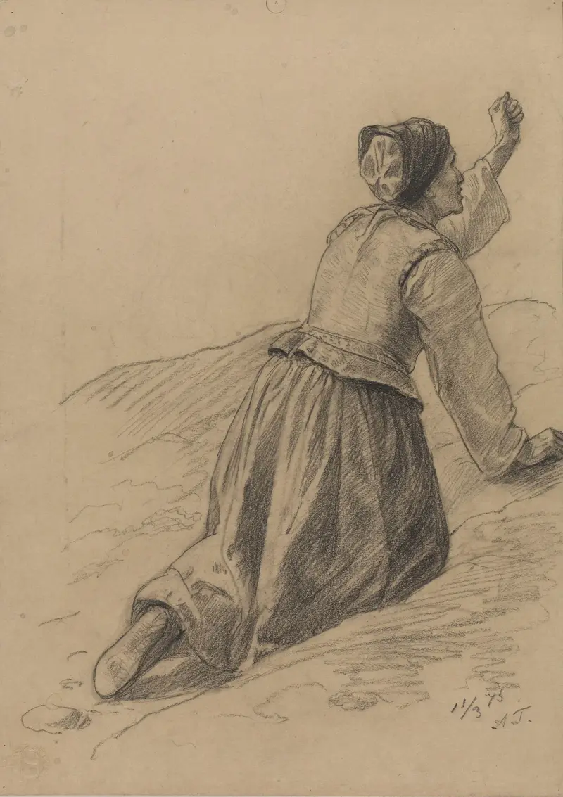 Gammal kvinna på knä med knäppta händer av Adolph Tidemand