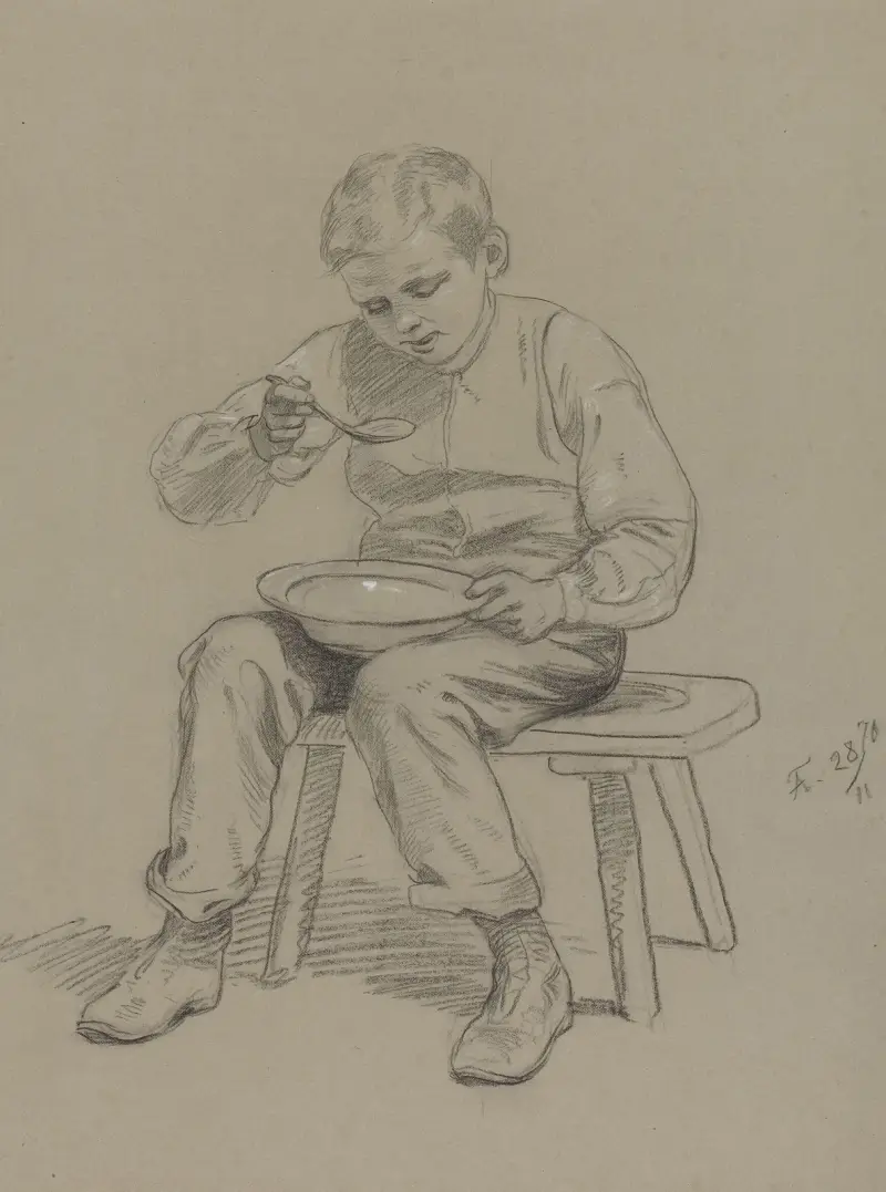 Junge, der Suppe isst von Adolph Tidemand