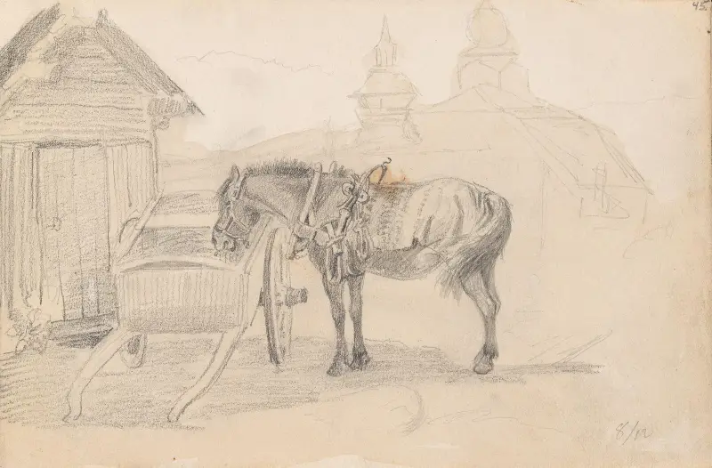 Häst och kärra vid Leksands kyrka av Adolph Tidemand