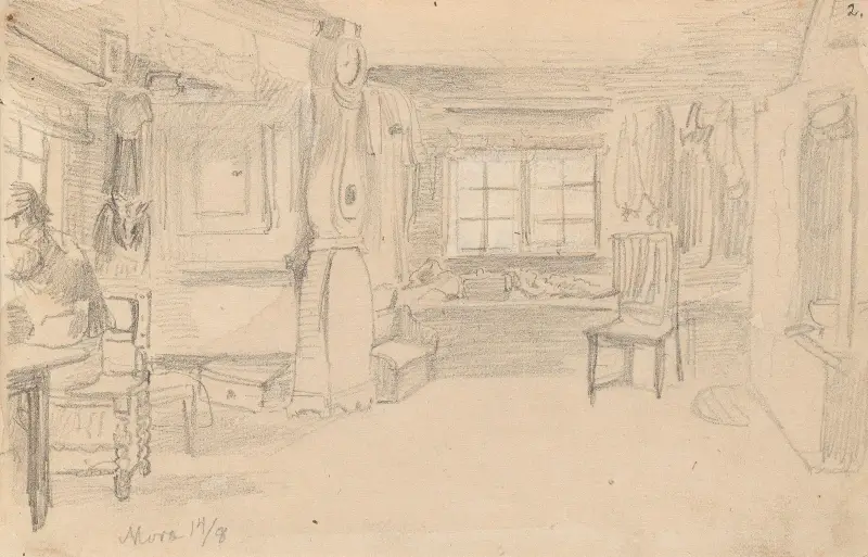 Interiør med gulvklokke, Mora av Adolph Tidemand