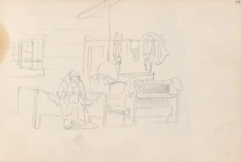 Interiör med säng, hängvagga, vävstol och figurer, Spättungen av Adolph Tidemand