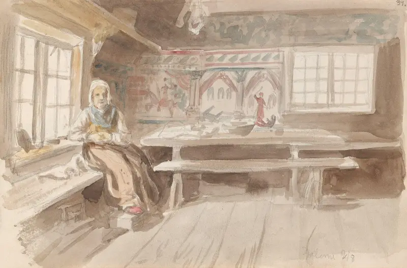 Interiör med sittande kvinna, Dalarna av Adolph Tidemand