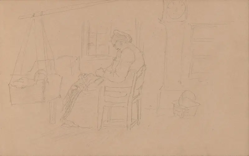 Interiör med sittande kvinna och hängmatta av Adolph Tidemand