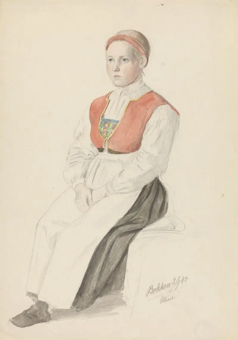 Flicka i bunad, Oline, Bukken av Adolph Tidemand