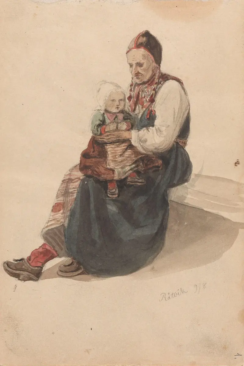 Kone med barn på fanget, Rättvik av Adolph Tidemand