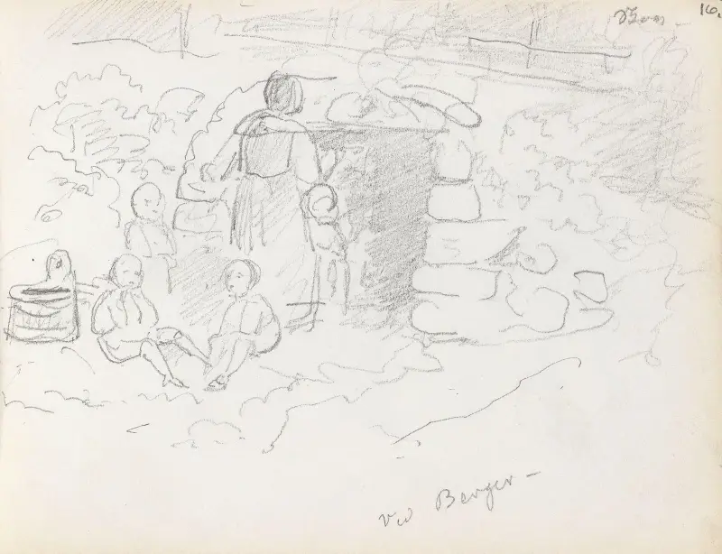 Kvinne og barn utenfor tunnel, ved Berger av Adolph Tidemand