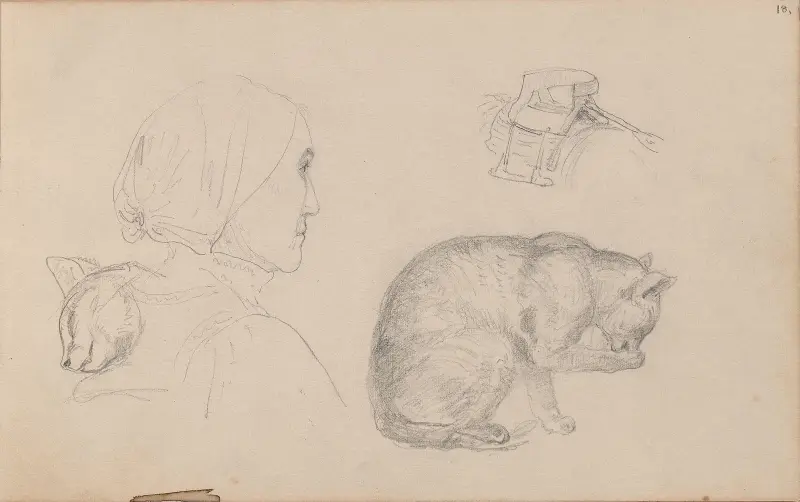 Kvinnefigur; katter; kvinnesal av Adolph Tidemand