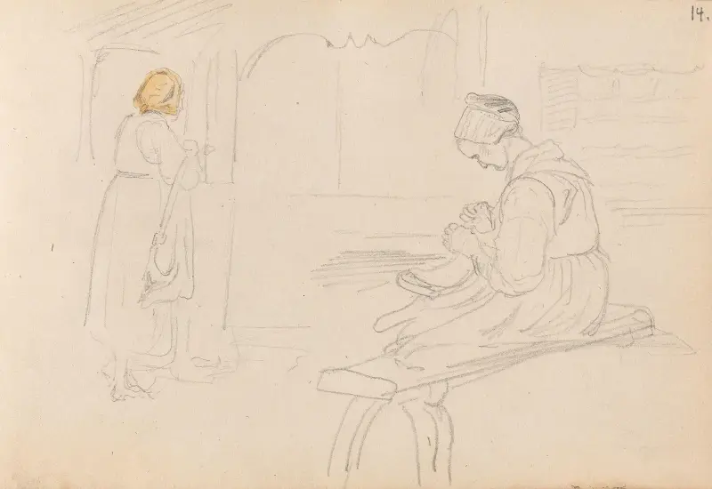 Kvinna vid byggnad; kvinna med handarbete av Adolph Tidemand
