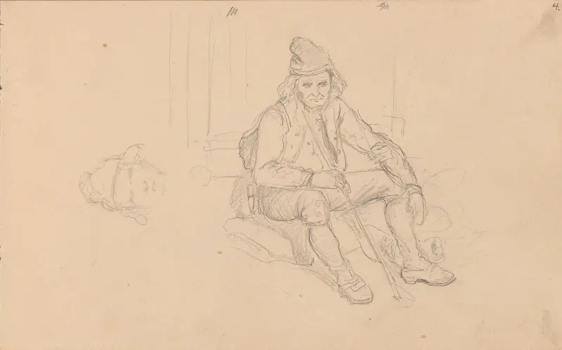 Male head; seated male figure av Adolph Tidemand