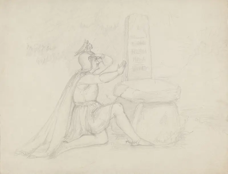 Mann mit Helm, kniend an einem Bautastein von Adolph Tidemand