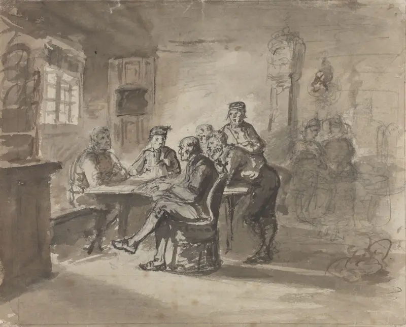 Män i samtal kring bord i bondstuga av Adolph Tidemand