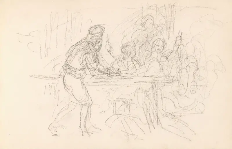 Riss av figurscene av Adolph Tidemand
