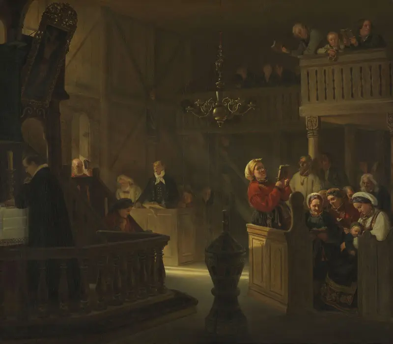Nabożeństwo w norweskim wiejskim kościele, Adolph Tidemand