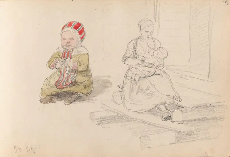 Sittande barn; mor som ammar sitt barn, Leksand av Adolph Tidemand