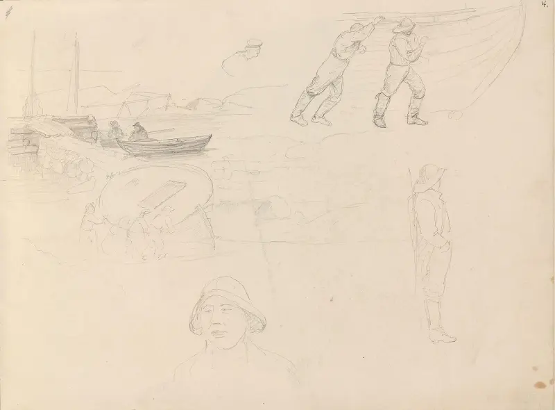 Sjøsetting i Nevlunghavn; sjømenn av Adolph Tidemand