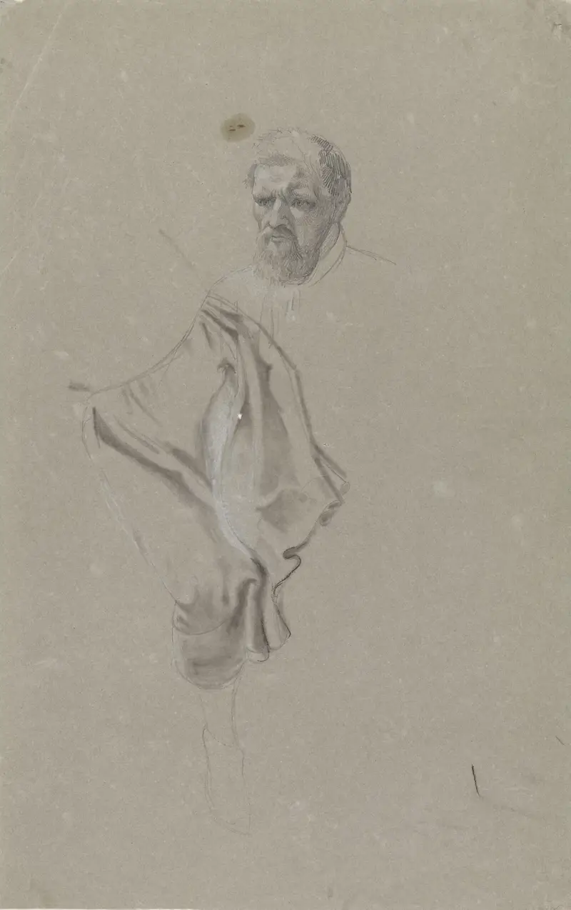Skäggigt manshuvud, gevär och fot av Adolph Tidemand