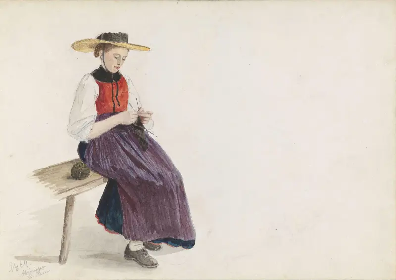 Stickande ung flicka med bred hatt, Meiringen av Adolph Tidemand