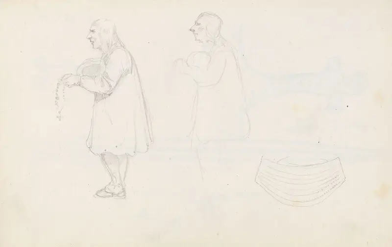 Studier av mansfigur med rosenkrans; bronsåldersmykke av Adolph Tidemand