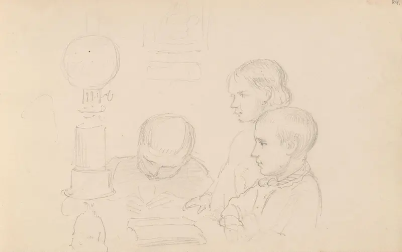 Tre barn vid en fotogenlampa av Adolph Tidemand