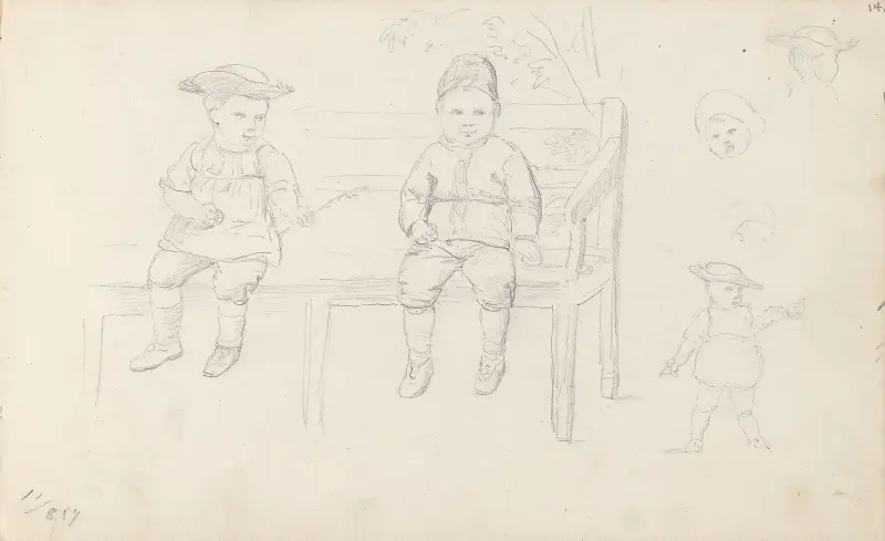 Två pojkar på en bänk; barnstudier av Adolph Tidemand
