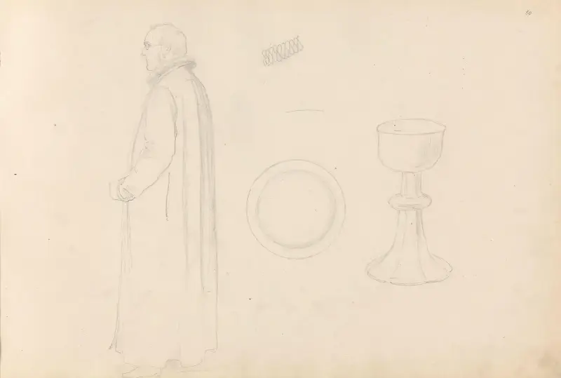 Vilhelm Birkedal i prestekappe; disk og kalk av Adolph Tidemand