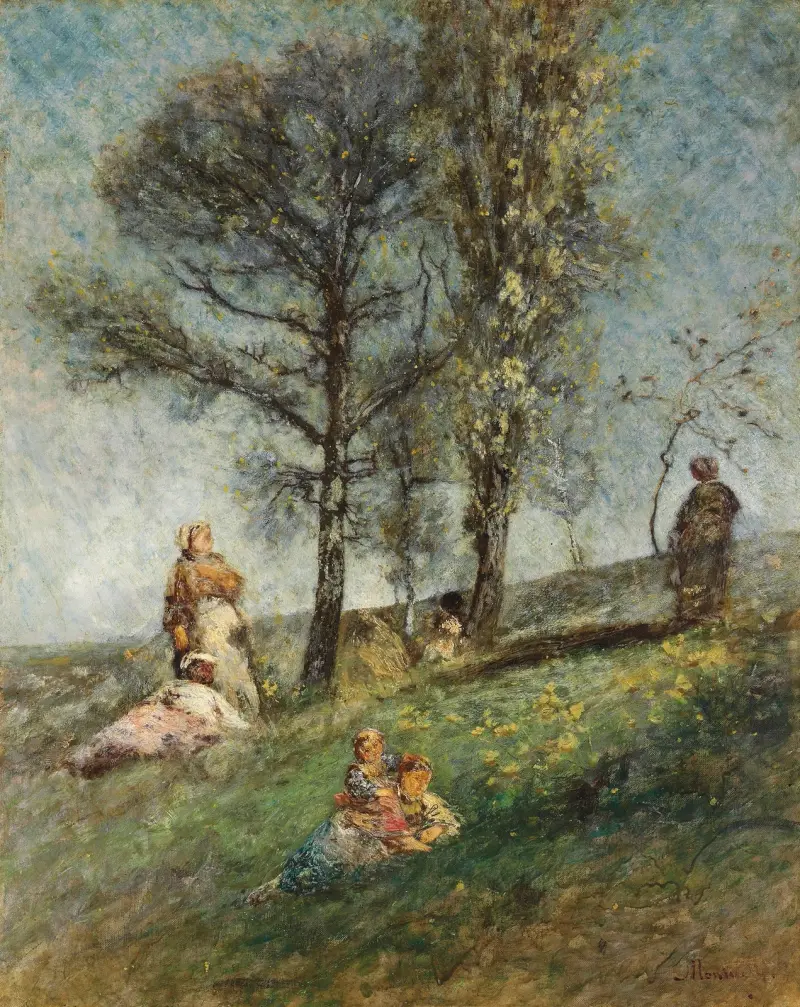 En ung familj under träd på en kulle av Adolphe Monticelli