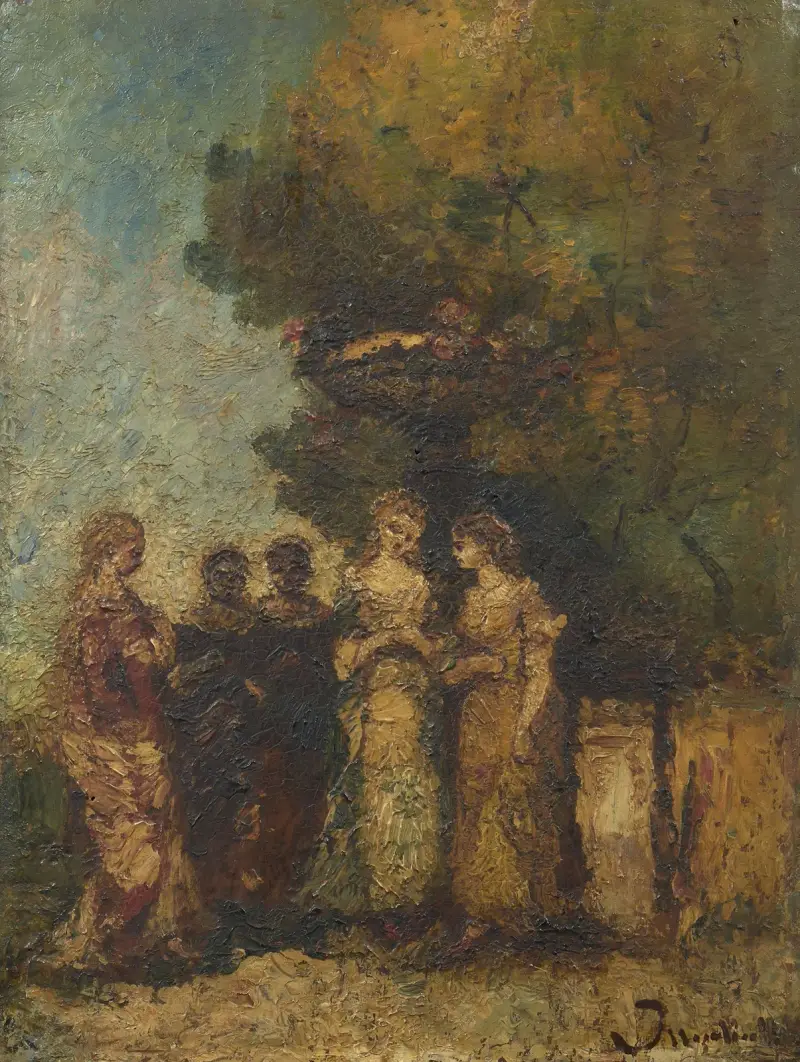 Fem unga kvinnor i en trädgård vid en fontän av Adolphe Monticelli