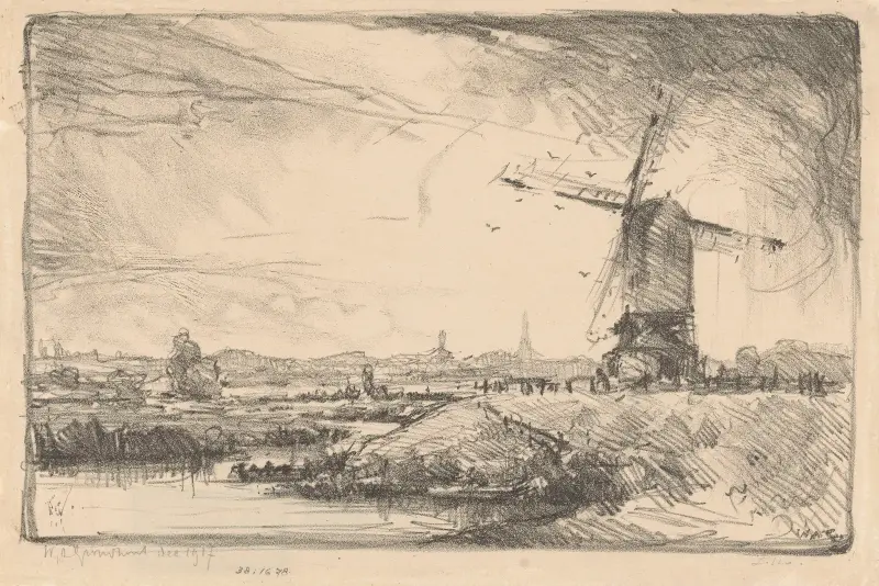 Landskap med väderkvarn nära Leiden av Willem Adrianus Grondhout