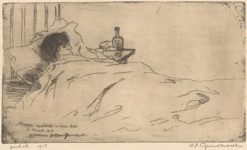 Mappie rustende in haar bed av Willem Adrianus Grondhout