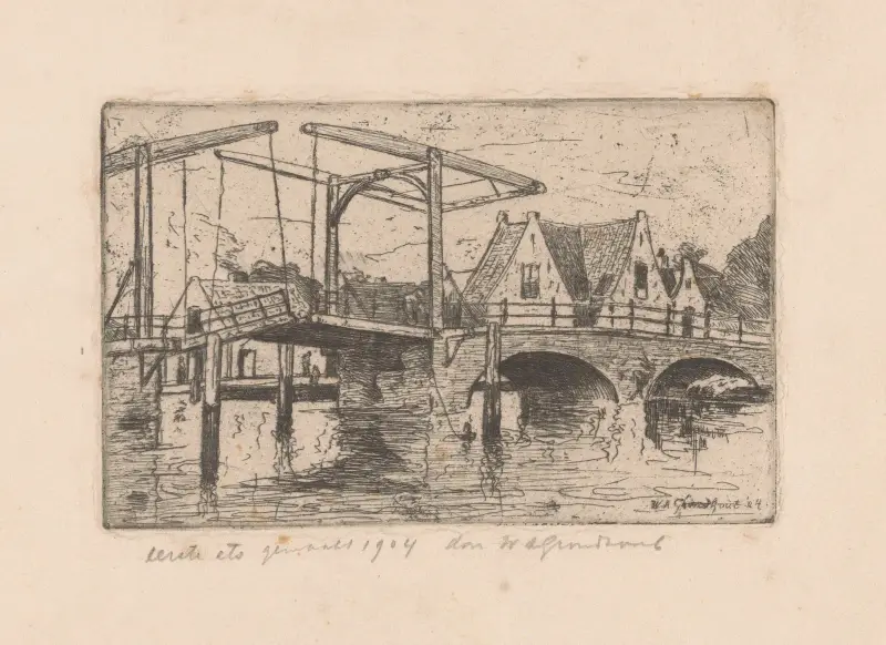 Zugbrücke in einer Stadt von Willem Adrianus Grondhout