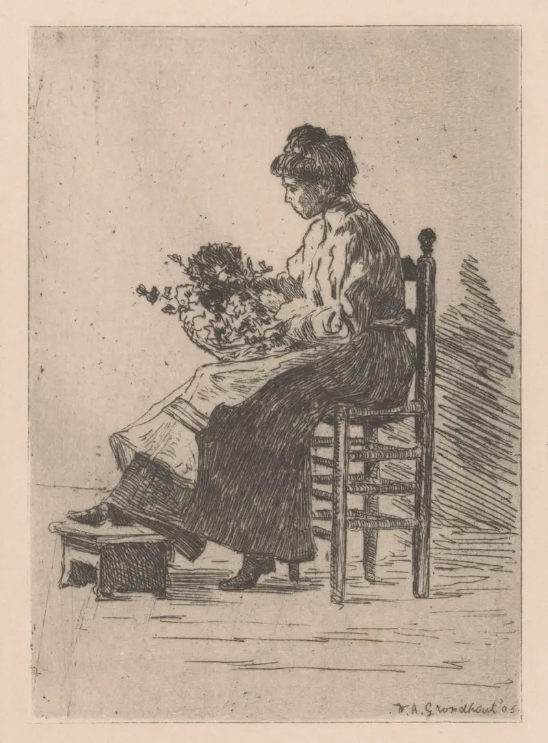Kvinna med blommor i knät av Willem Adrianus Grondhout