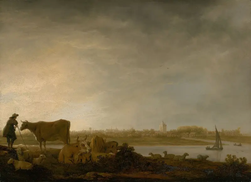 Ansicht von Vianen mit Hirten und Vieh am Fluss von Aelbert Cuyp