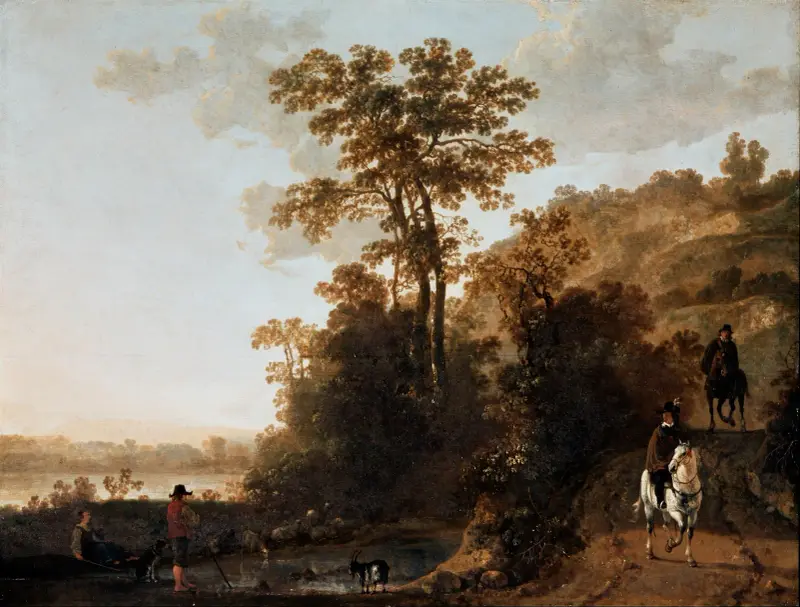 En kvällsritt nära en flod av Aelbert Cuyp