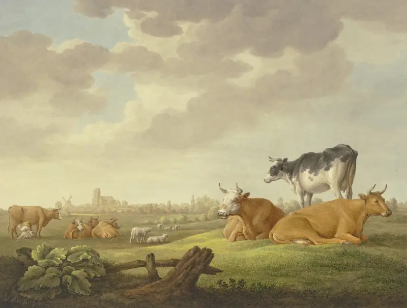 Kor och får på en äng, i fjärran en stad, till vänster en mjölkerska av Aelbert Cuyp