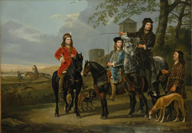 Equestrian Portrait of Cornelis (1639–1680) and Michiel Pompe van Meerdervoort (1638–1653) with Their Tutor and Coachman av Aelbert Cuyp
