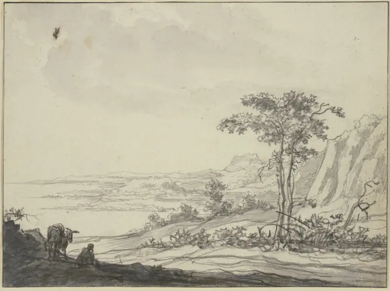 Gebirgslandschaft am Meer, links ein sitzender Mann bei einem Esel av Aelbert Cuyp