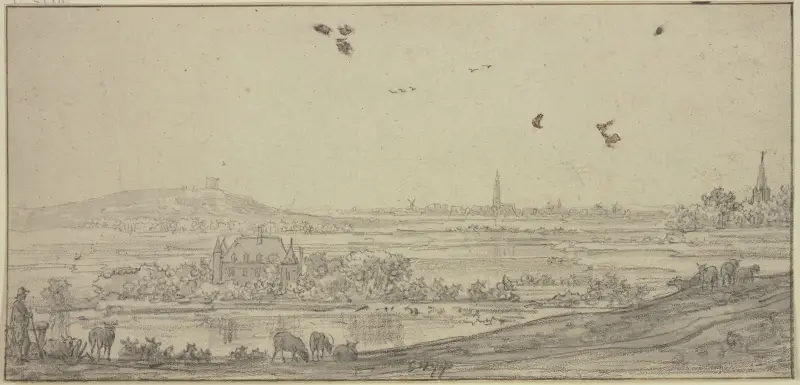In der Ferne eine Stadt, links ein Haus im Wasser, vorne ein Schafhirte av Aelbert Cuyp