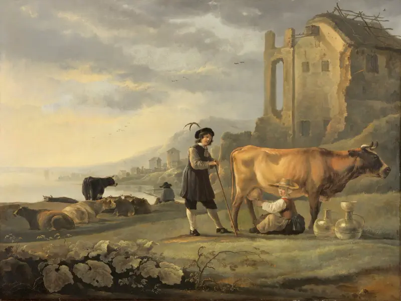 Landskap med mjölkande piga och ko av Aelbert Cuyp