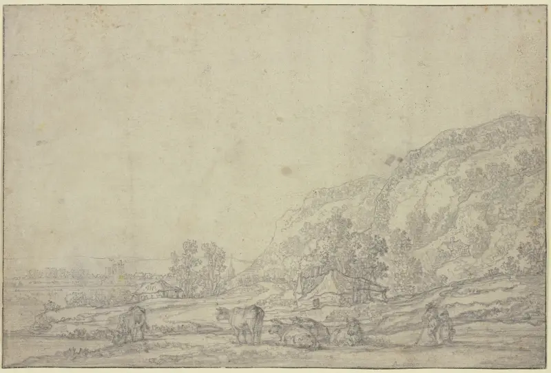 Landschaft mit zwei Hütten, rechts hohe Berge, vorne fünf Kühe av Aelbert Cuyp