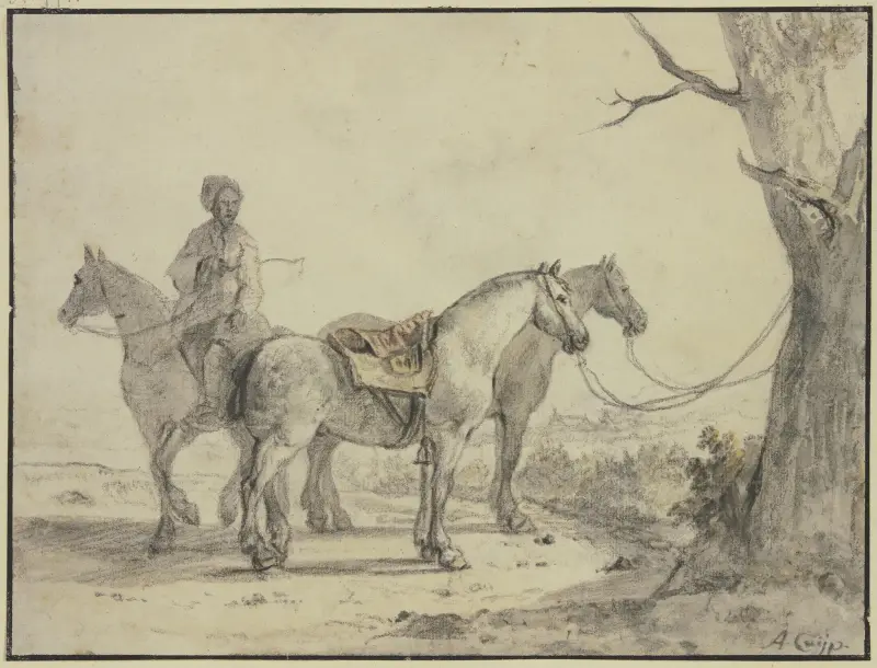 Zwei gesattelte Pferde an einen Baum gebunden, dabei ein Reiter av Aelbert Cuyp