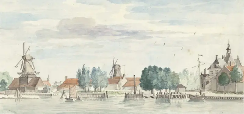 Gezicht op Dordrecht met de Rietdijkspoort en windmolens av Aert Schouman