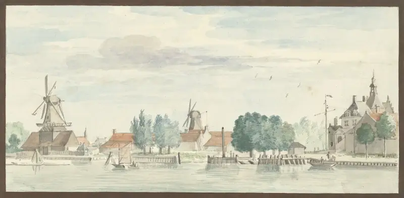 Gezicht op Dordrecht met de Rietdijkspoort en windmolens av Aert Schouman