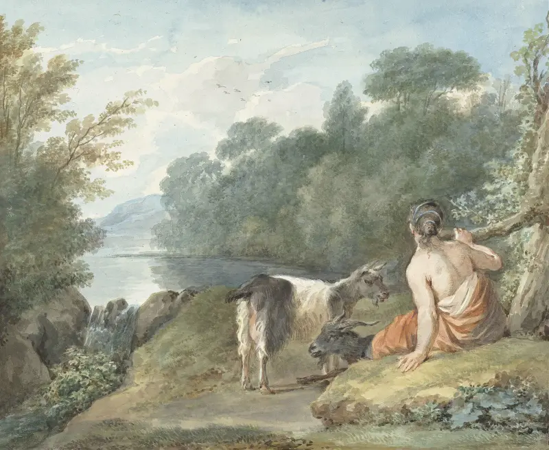 Herderin met geiten in een landschap met een meer av Aert Schouman