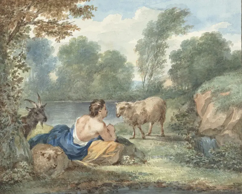 Herderin met schapen in een landschap met een meertje av Aert Schouman