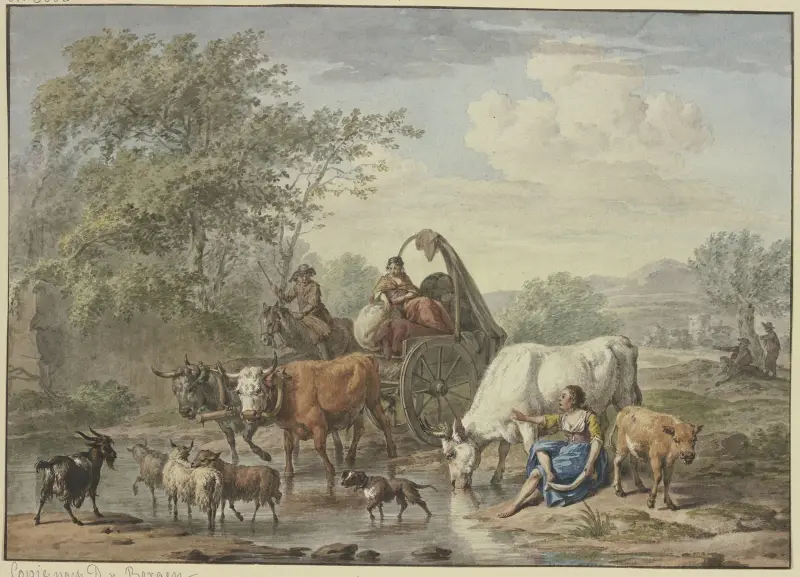 Hirten fahren mit einem Wagen durchs Wasser, rechts eine Hirtin, die sich die Füße wäscht, bei einer weißen Kuh av Aert Schouman