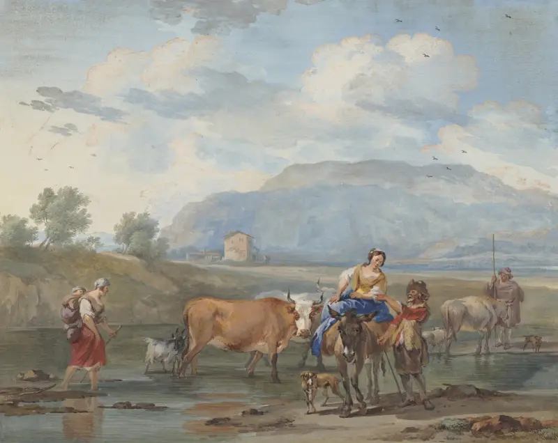Hirten treiben Kühe durch ein Wasser, links trägt eine Frau ihr Kind auf dem Rücken, rechs reitet eine andere auf einem Esel av Aert Schouman