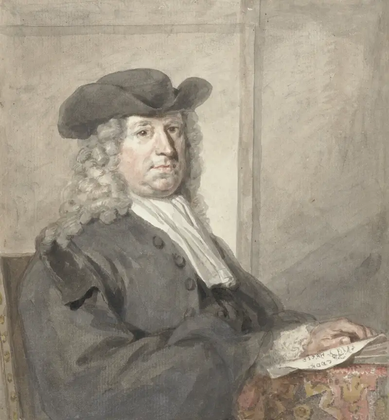 Portret mężczyzny w kapeluszu i szarej peruce, zwróconego w prawo, Aert Schouman